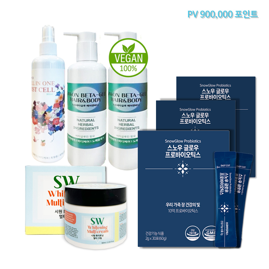 시원베타글루 6개 + 스노우글로우프로바이오틱스 12개 + 시원화이트닝 멀티크림 3개 + 올인원미스트 3개